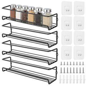 4Pcs Wall Mount Spice Racks Seasoning Herb Jar Holder Organizer Kitchen Pantry Door Storage Shelf (Color: Black)